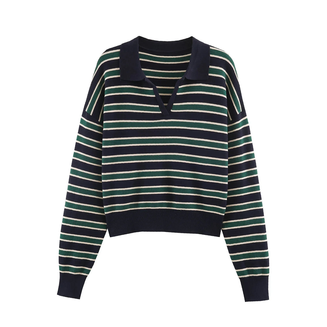 Navy and green striped polo sweater, front view