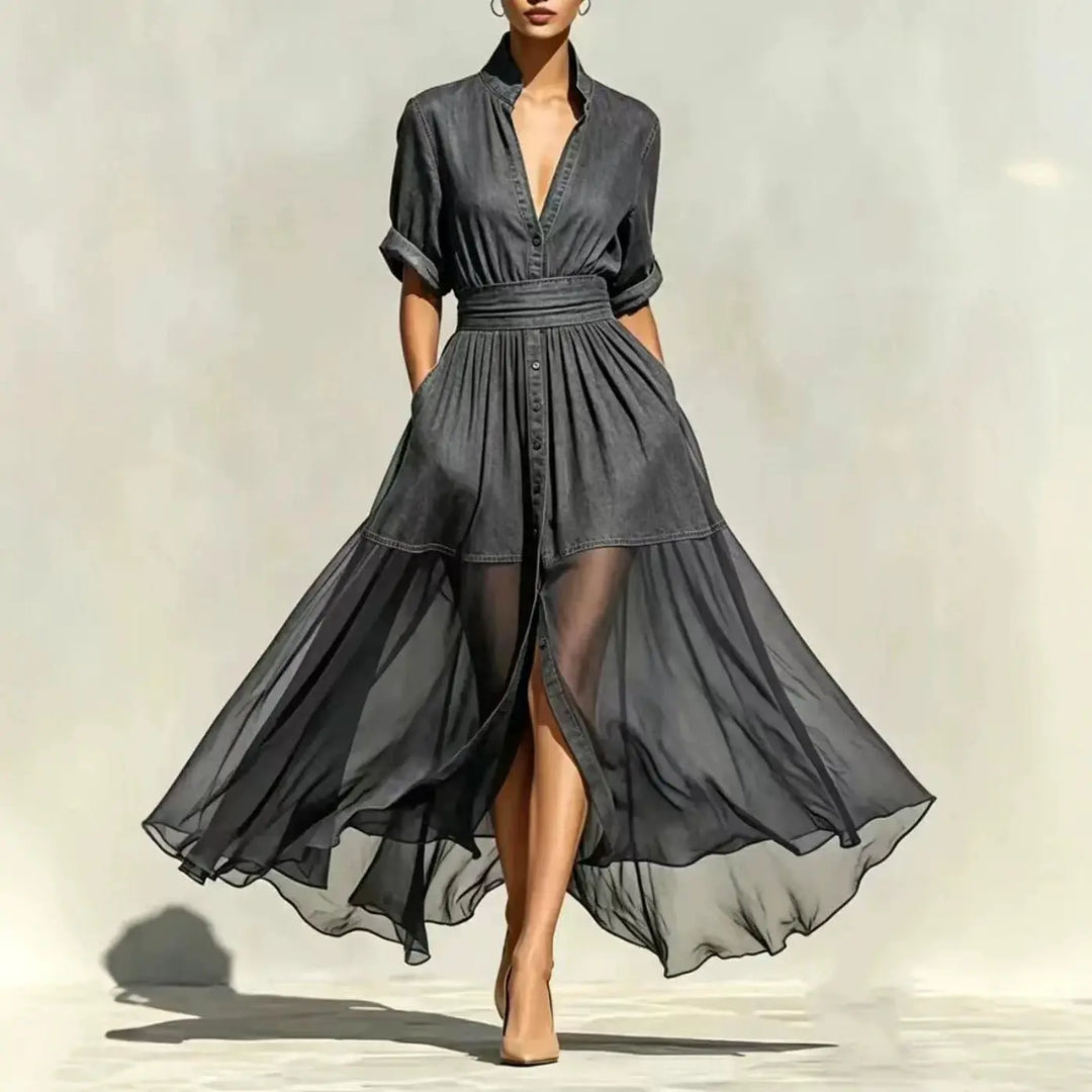 Lysara Chiffon Denim Maxi Dress