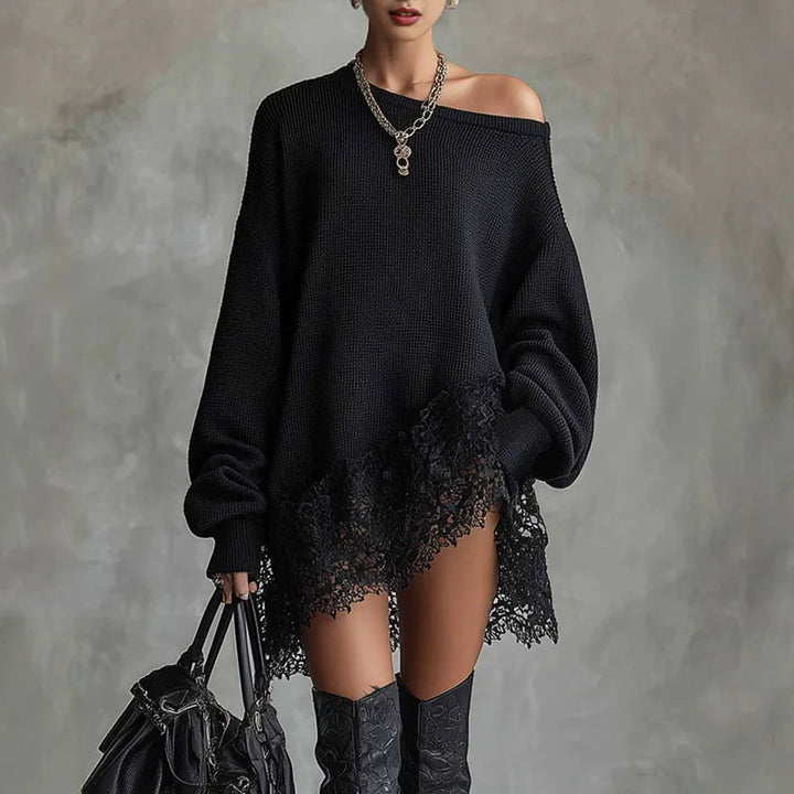 Front view of black off shoulder waffle knit sweater dress with lace hem