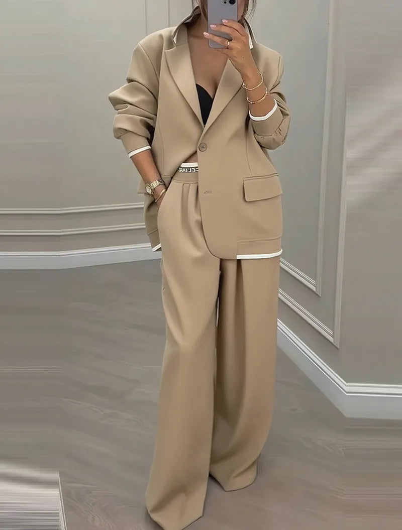 Khaki notched lapel blazer and wide leg trouser suit, front view