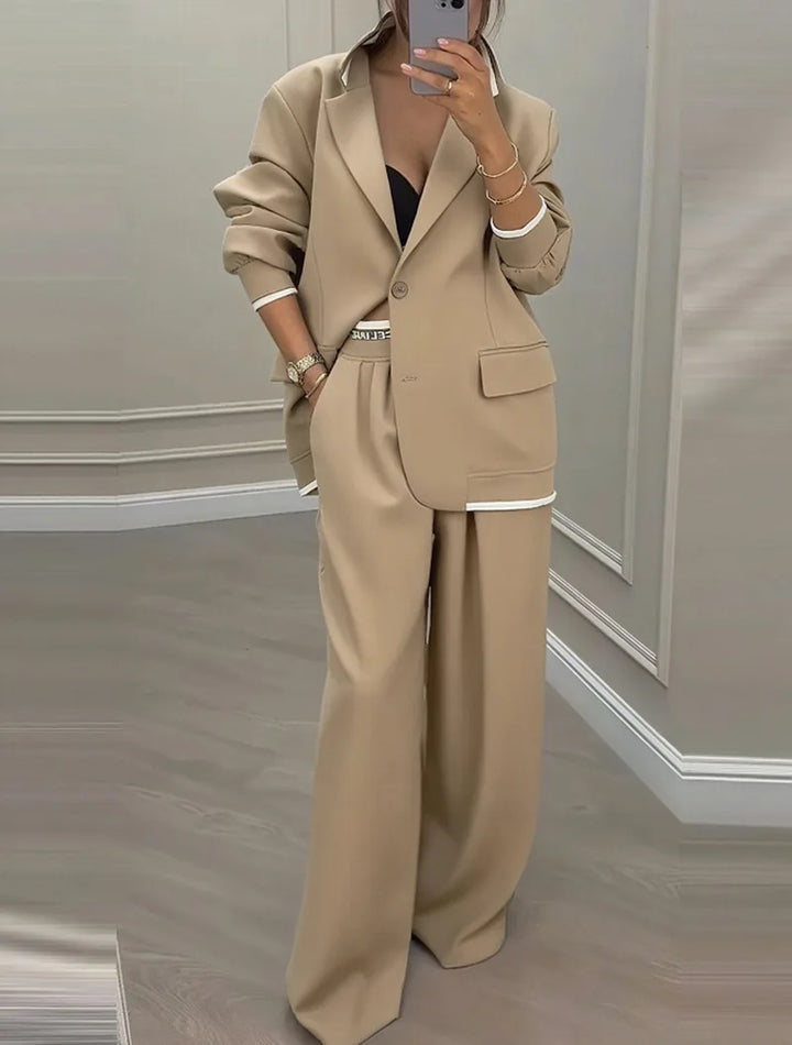Khaki notched lapel blazer and wide leg trouser suit, front view