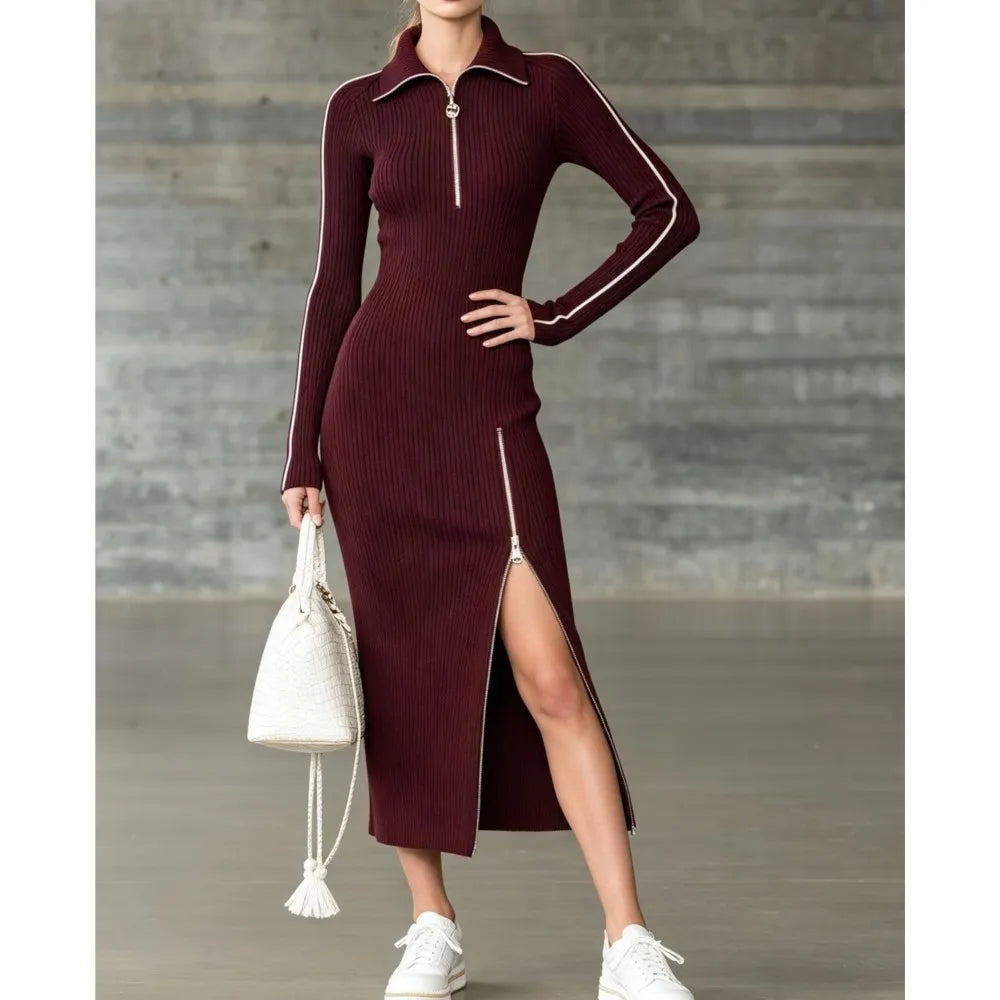 Burgundy ribbed knit sweater dress with zip collar, front view