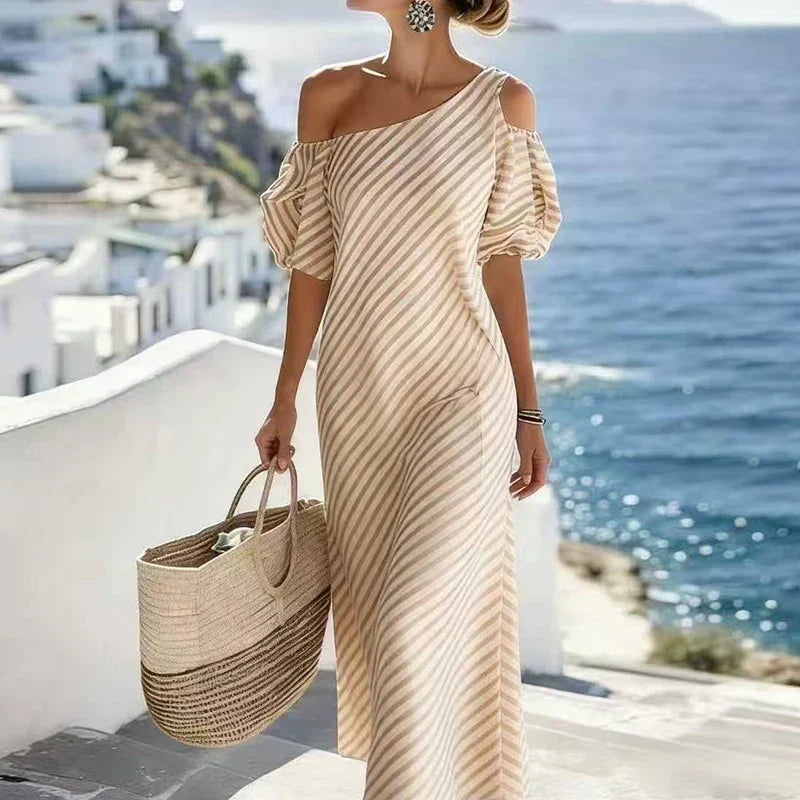 Amara Bohemian Striped One Shoulder Maxi Dress