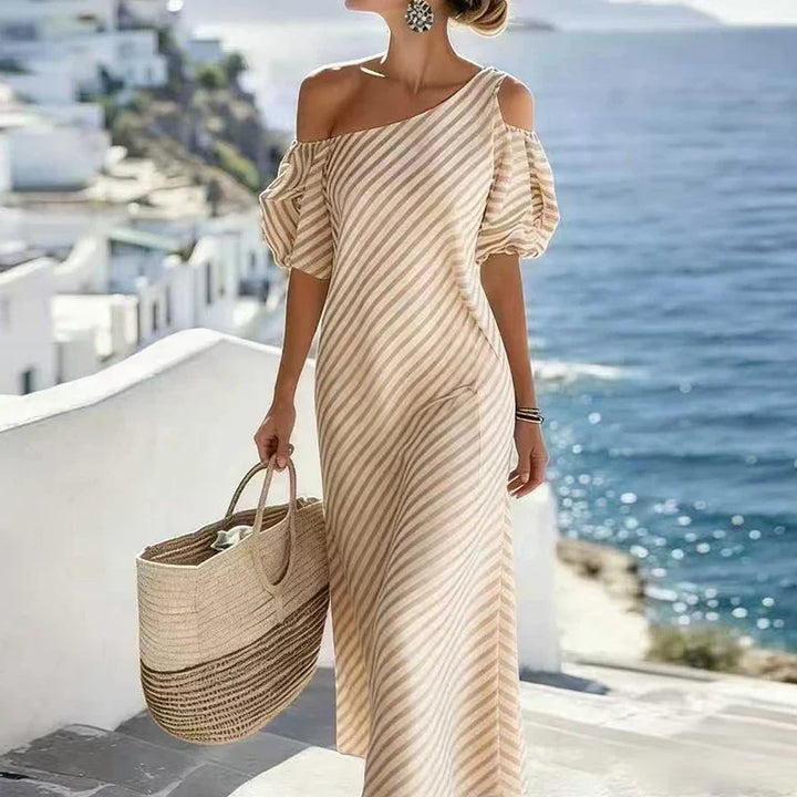 Amara Bohemian Striped One Shoulder Maxi Dress