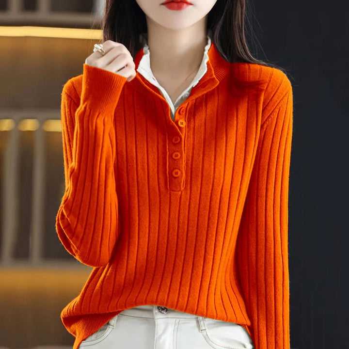 Orange ribbed knit button up collar sweater on model