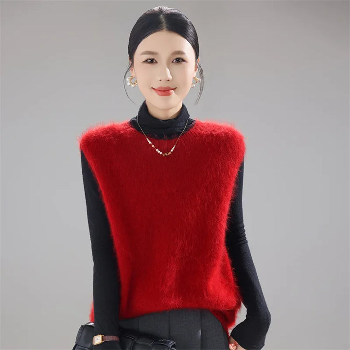 Model wearing red brushed knit sweater vest smiling