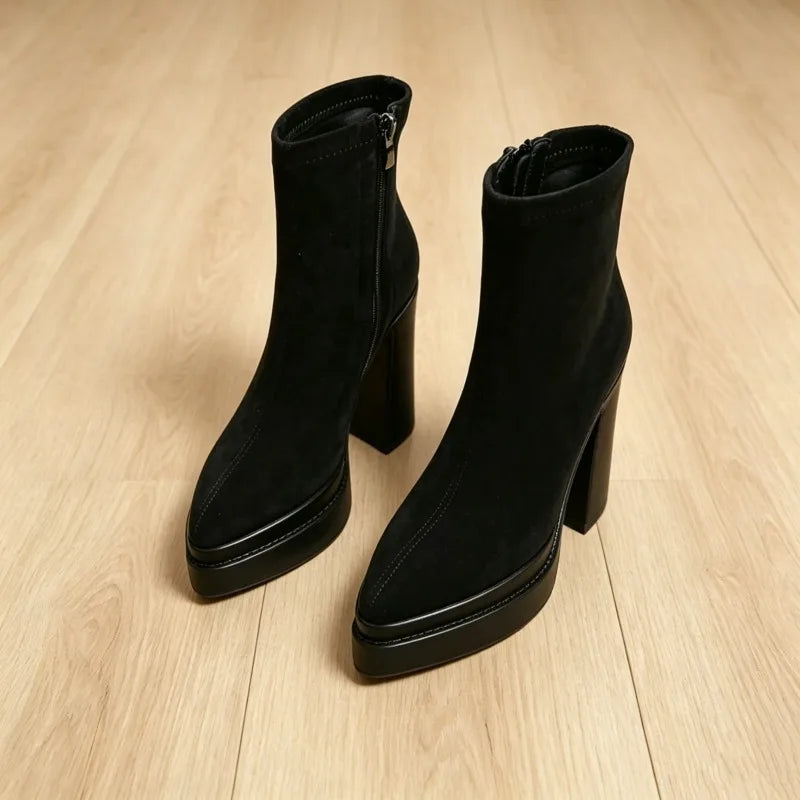 Black suede-look platform ankle boots, front angled view