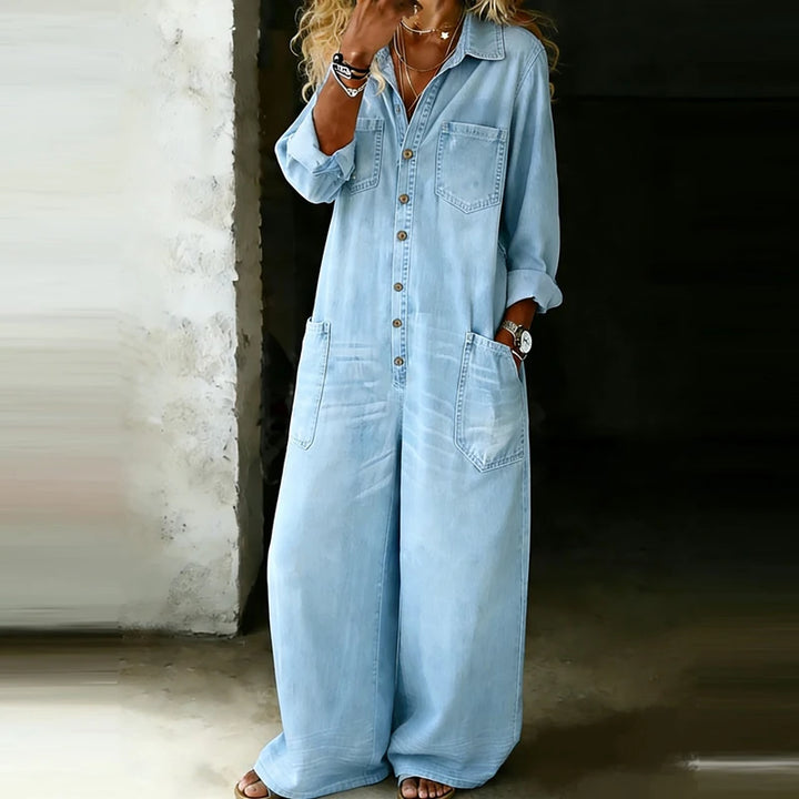 Light blue denim button front jumpsuit with wide leg