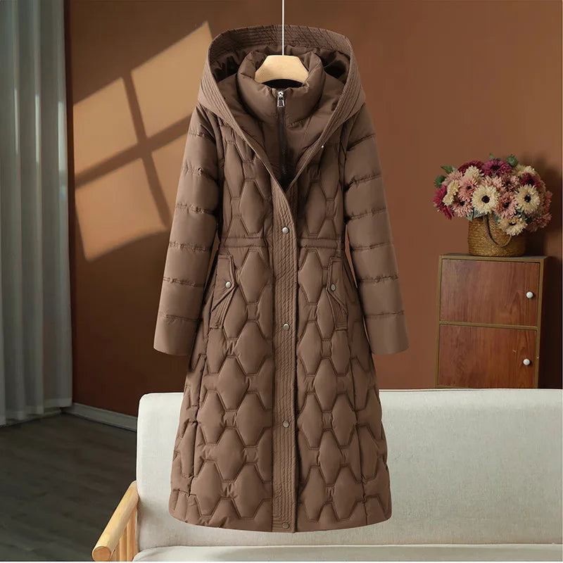 Coffee brown long quilted puffer coat with hood, front view