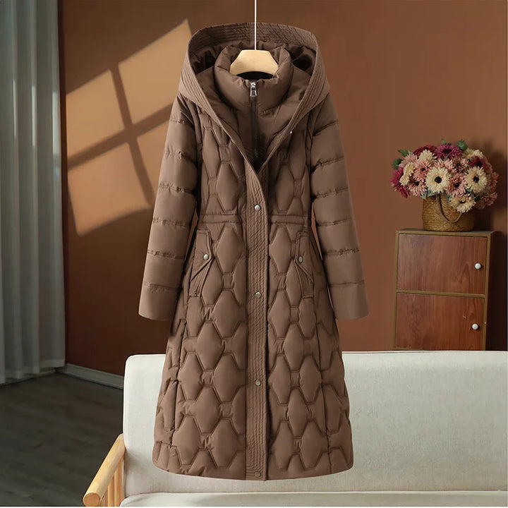 Coffee brown long quilted puffer coat with hood, front view