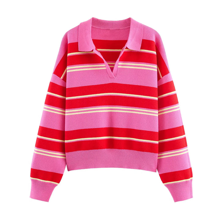 Pink and red striped polo sweater, front view