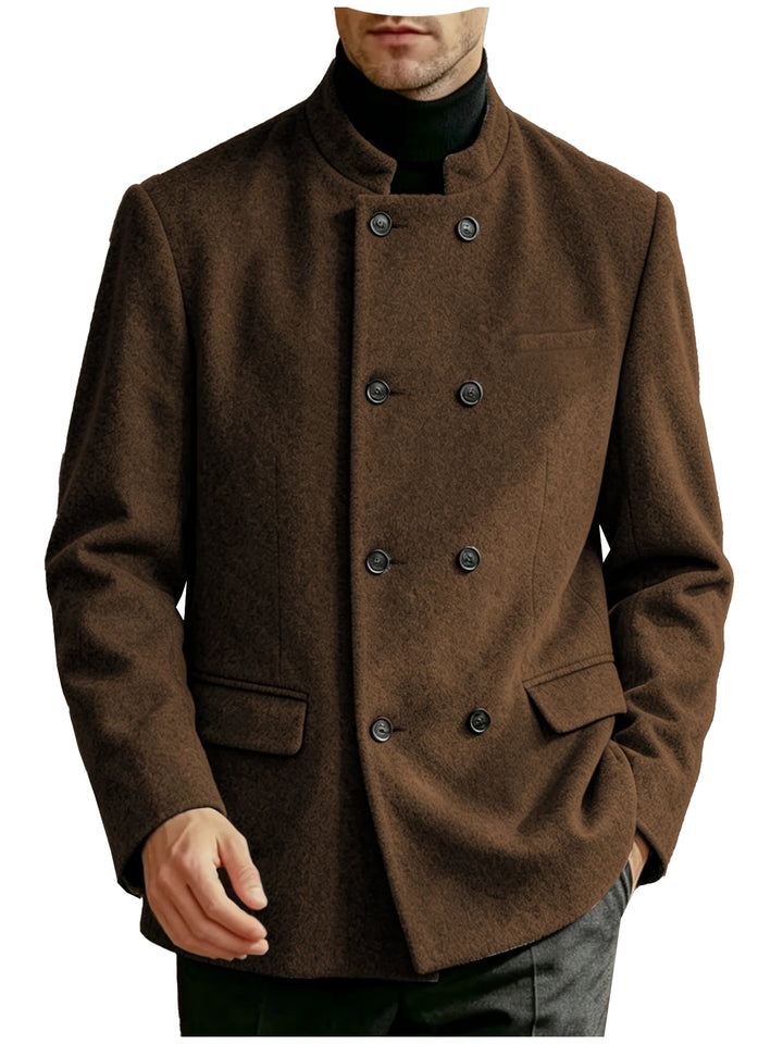 Man wearing coffee brown mandarin collar double-breasted coat