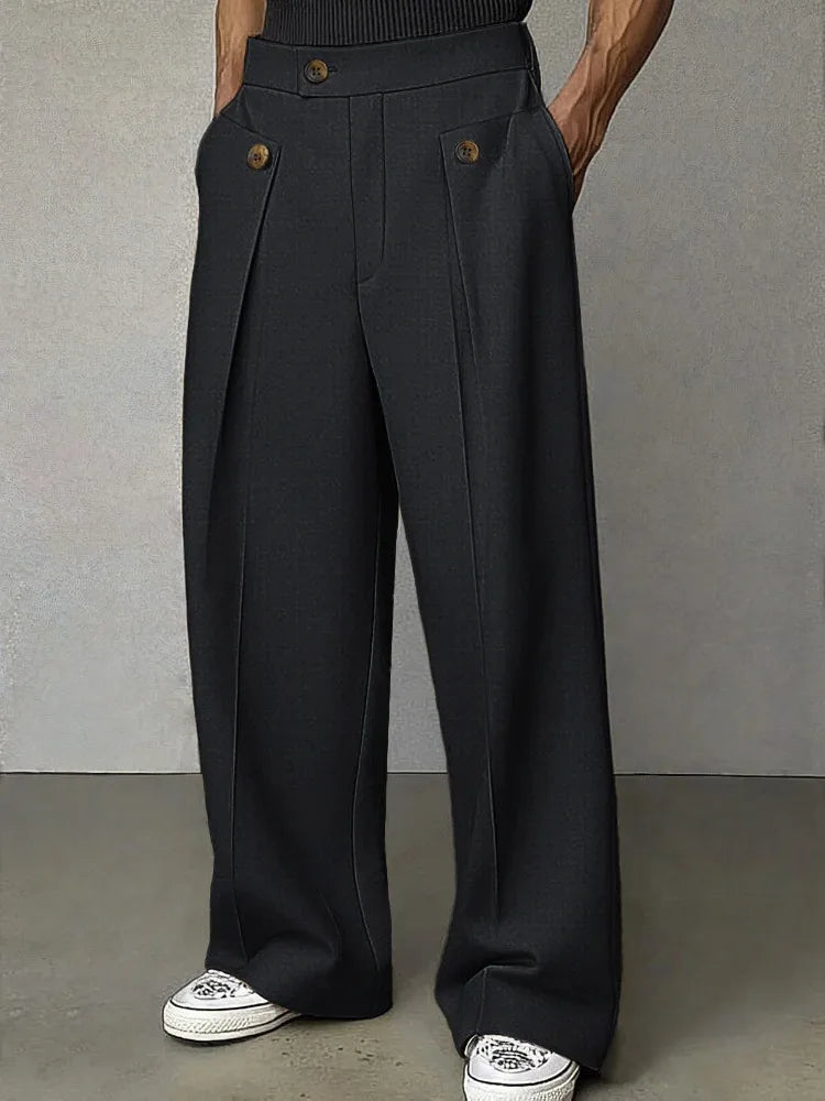 Black wide leg trousers with pleated pocket detail, front view