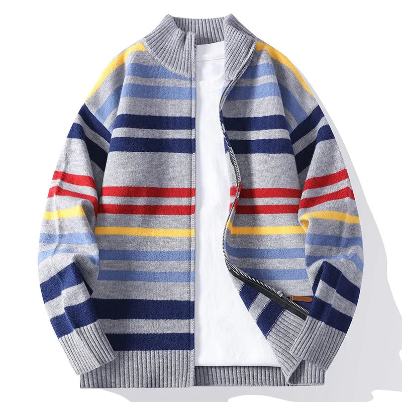 Grey multicolor striped zip-front cardigan sweater, front view
