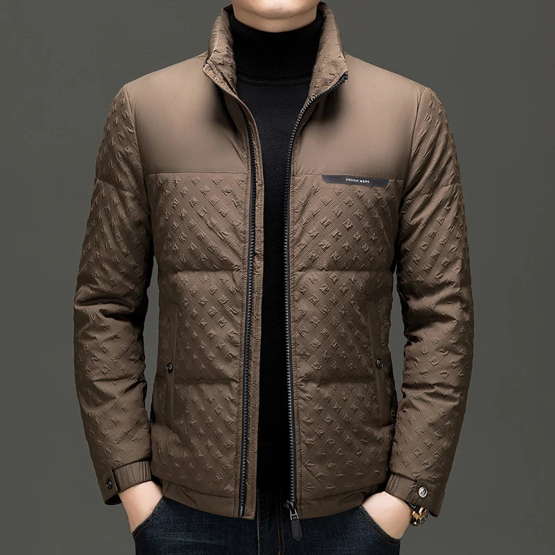 Man wearing brown quilted puffer jacket with stand-up collar, front view