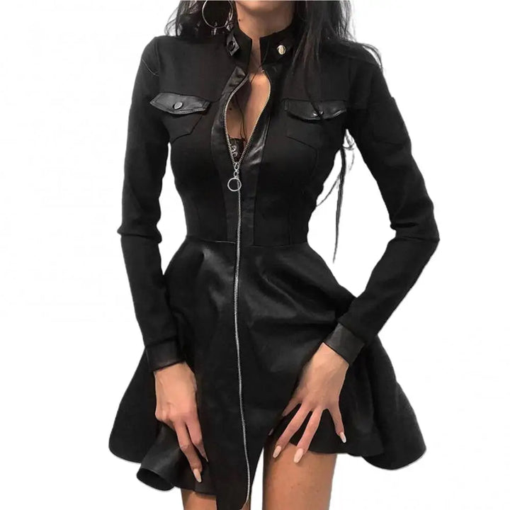 Faux leather mini dress with stand collar and flap pockets