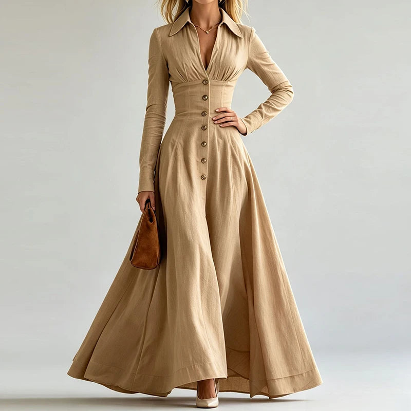 Khaki maxi dress close up of fitted waist and collar