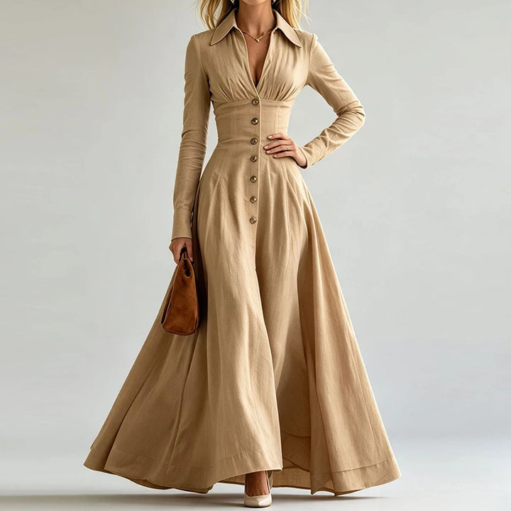 Khaki maxi dress close up of fitted waist and collar