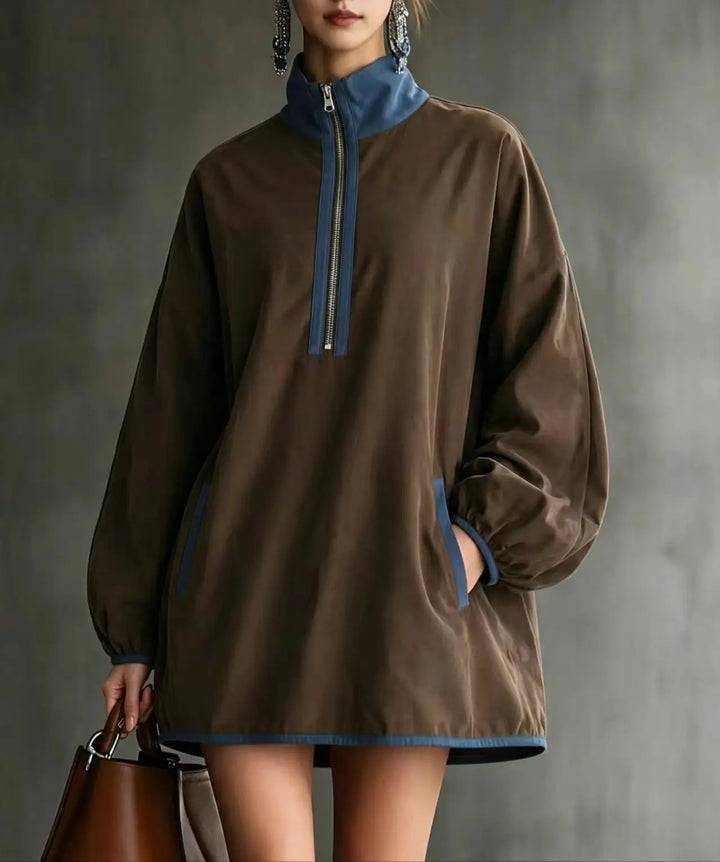 Dark brown mini dress with blue contrast trim detail