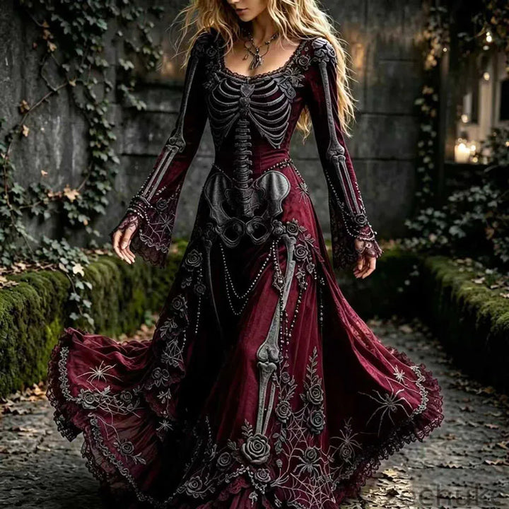 Red skeleton embroidered maxi dress with lace hem