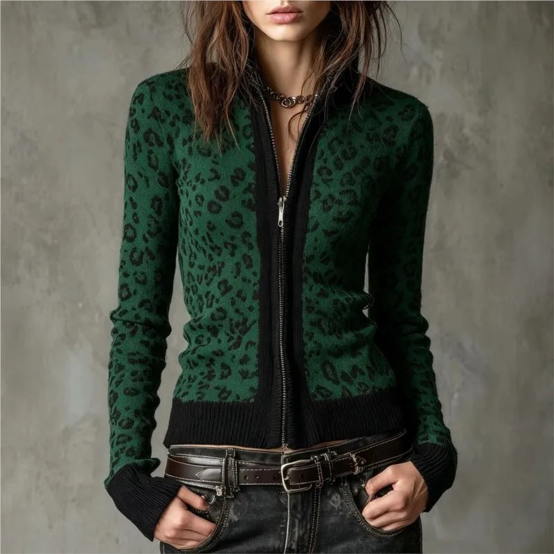 Green leopard print zip front cardigan on model, front view