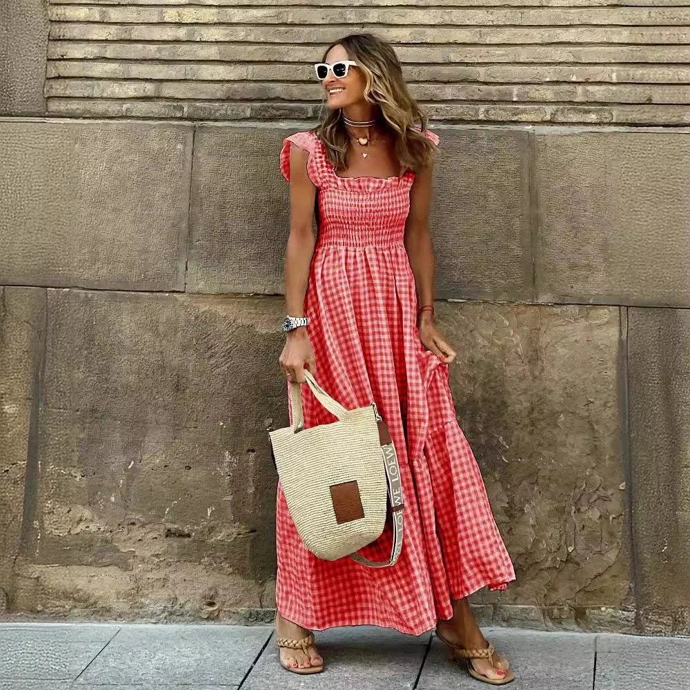 Solvane Retro Plaid Sleeveless Long Dress