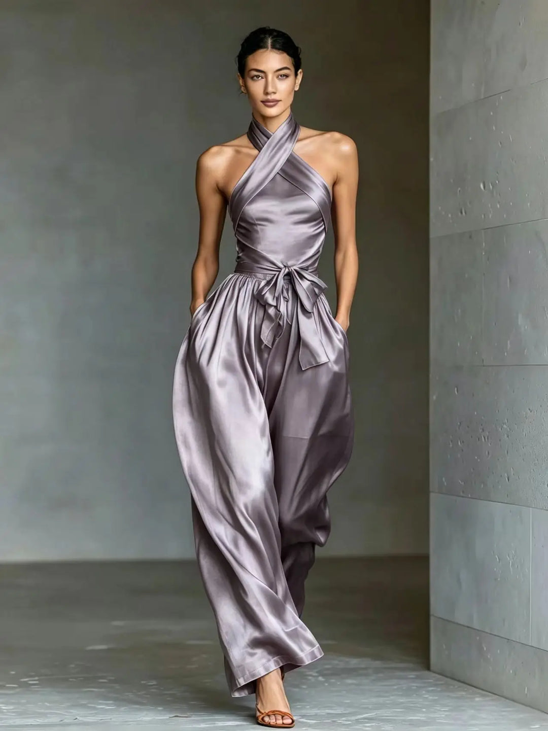 Soot purple satin halter jumpsuit with tie waist and wide leg