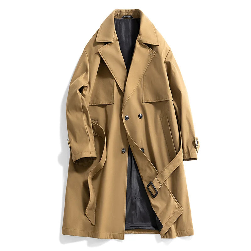 Khaki double breasted trench coat open front view
