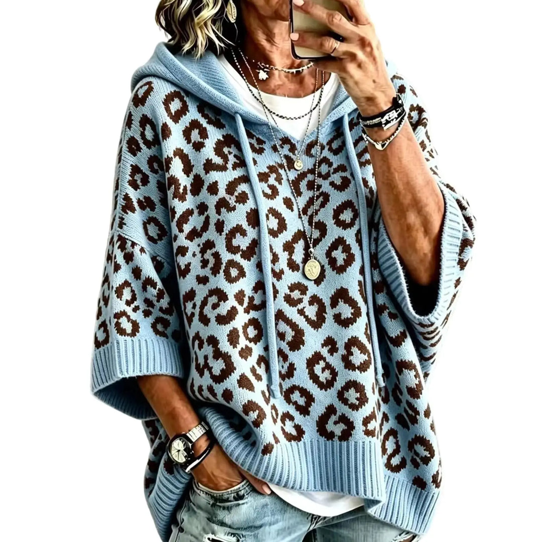 Sky blue leopard print hooded pullover front view