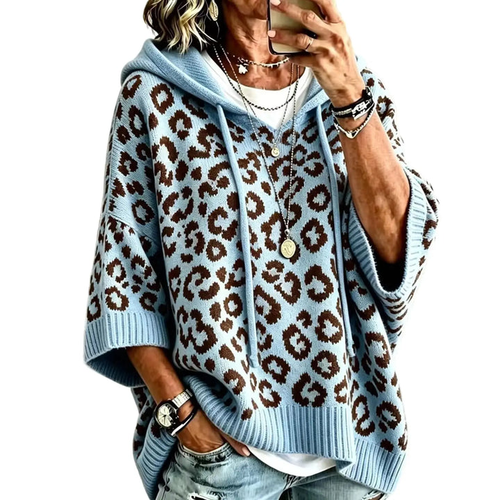 Sky blue leopard print hooded pullover front view