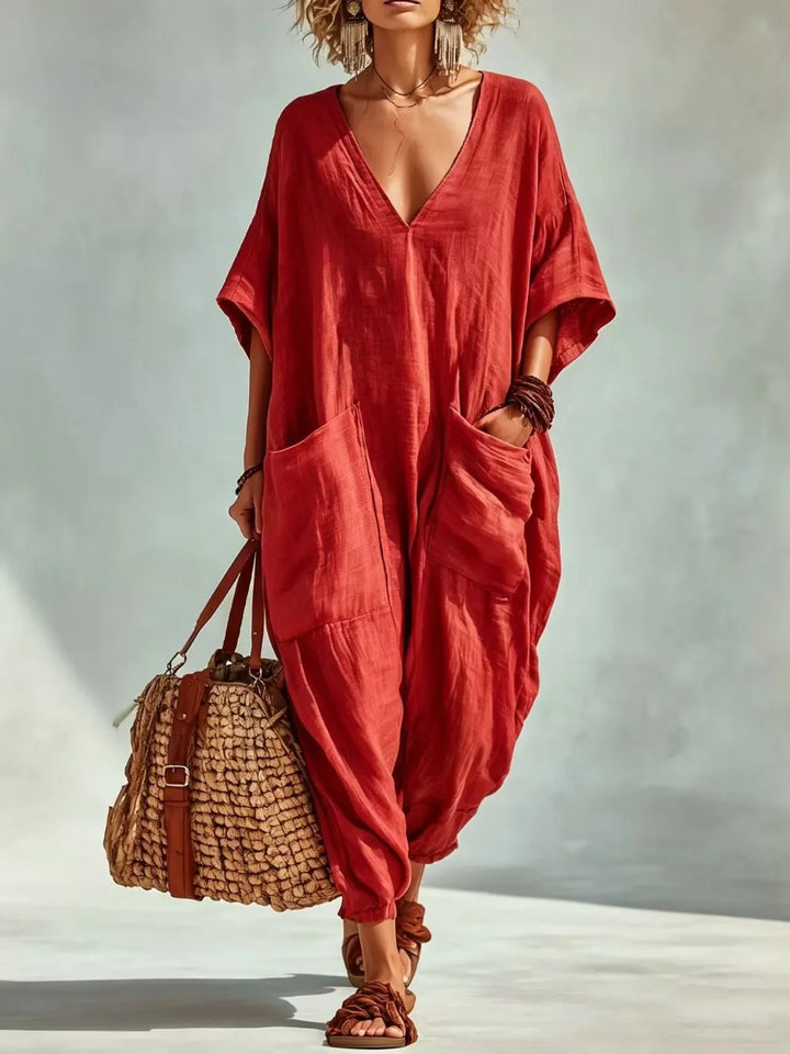 Harper V Neck Linen Blend Pocket Romper