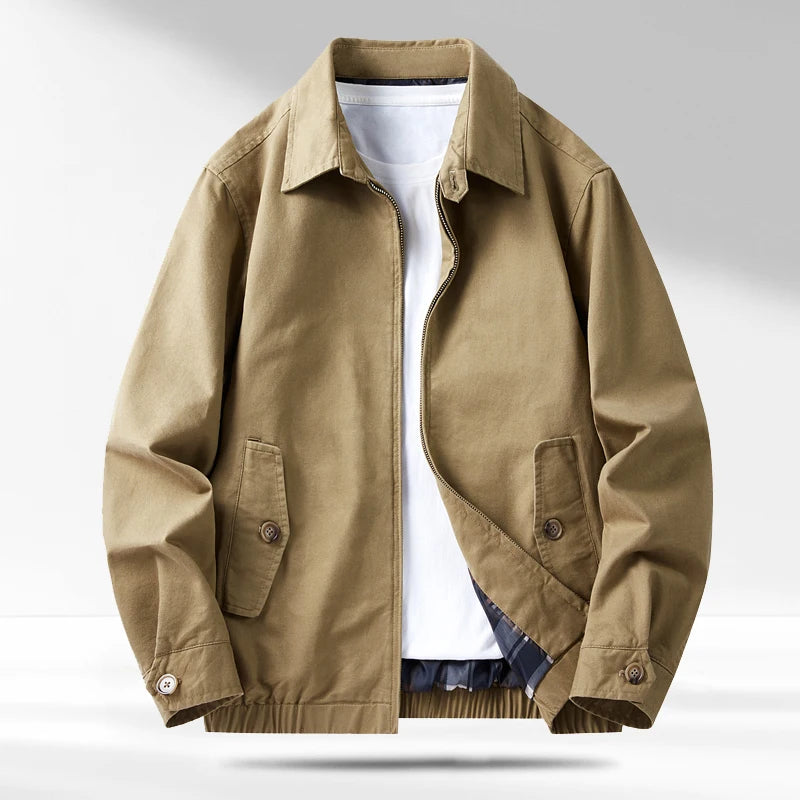 Khaki cotton jacket with zip front and flap pockets, front view
