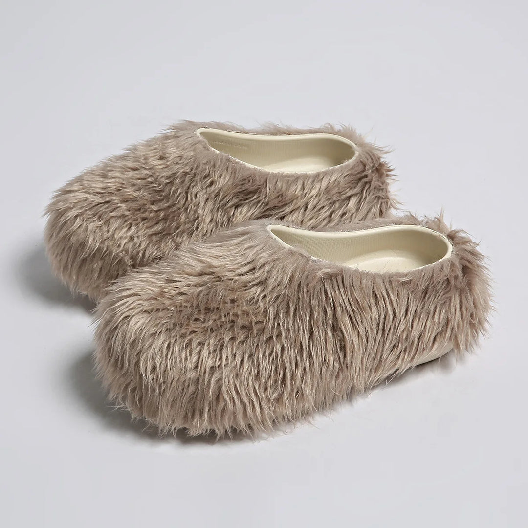 Taupe faux fur slipper mules, angled view