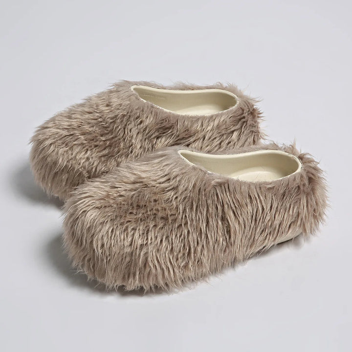 Taupe faux fur slipper mules, angled view