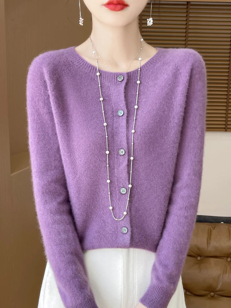 Purple button front knit cardigan with long necklace
