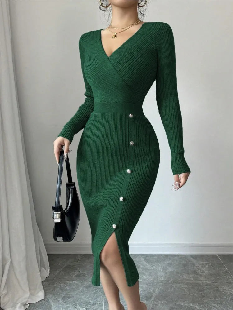 Green ribbed knit sweater dress with wrap neckline and button front