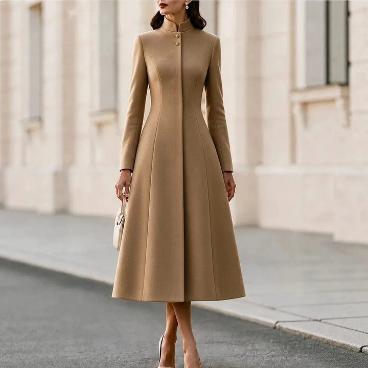 Woman wearing khaki stand collar coat dress with button front, front view