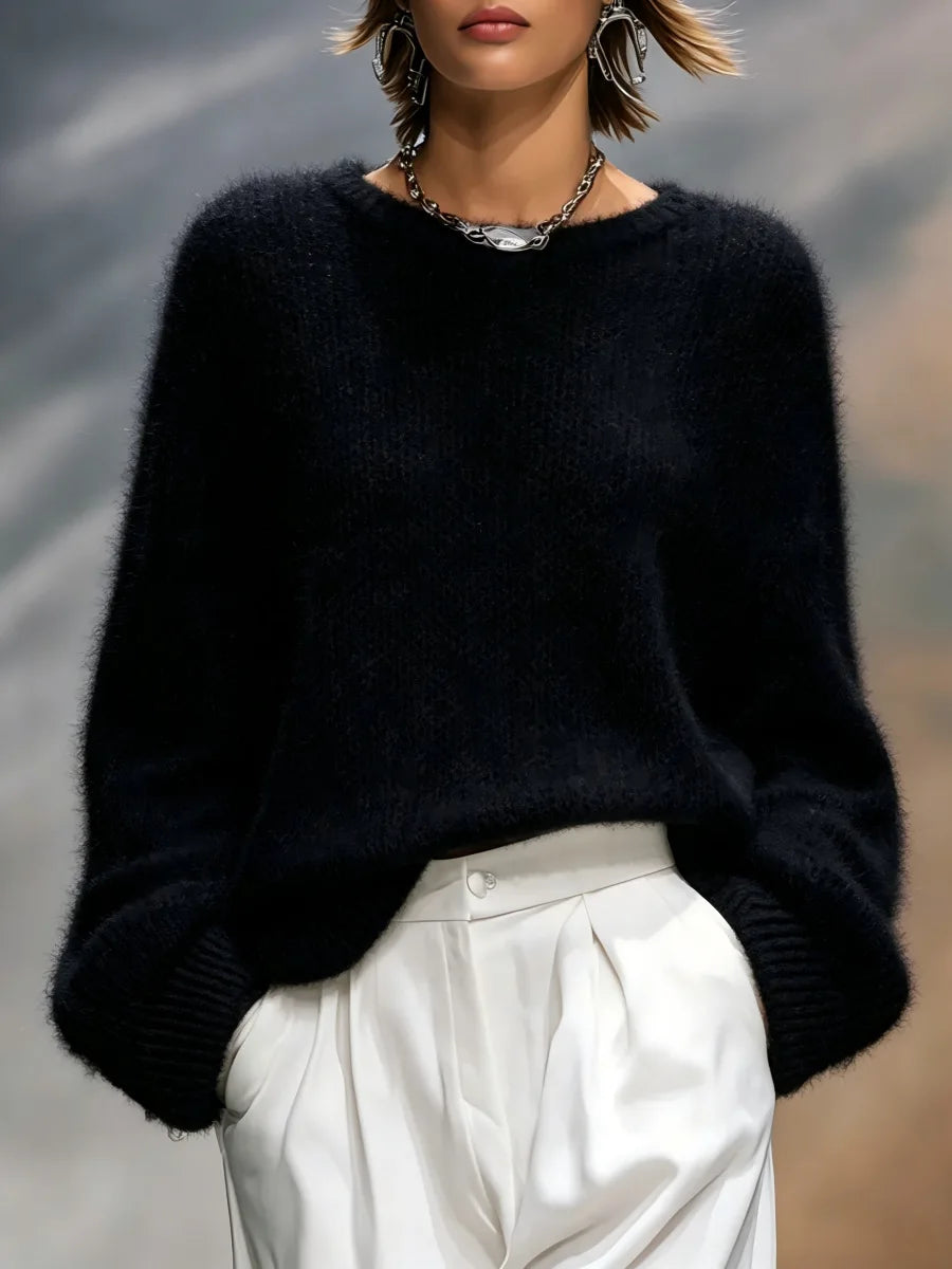 Black brushed knit pullover sweater front view