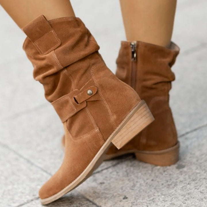 Brown suede slouch ankle boots with buckle strap, rear view