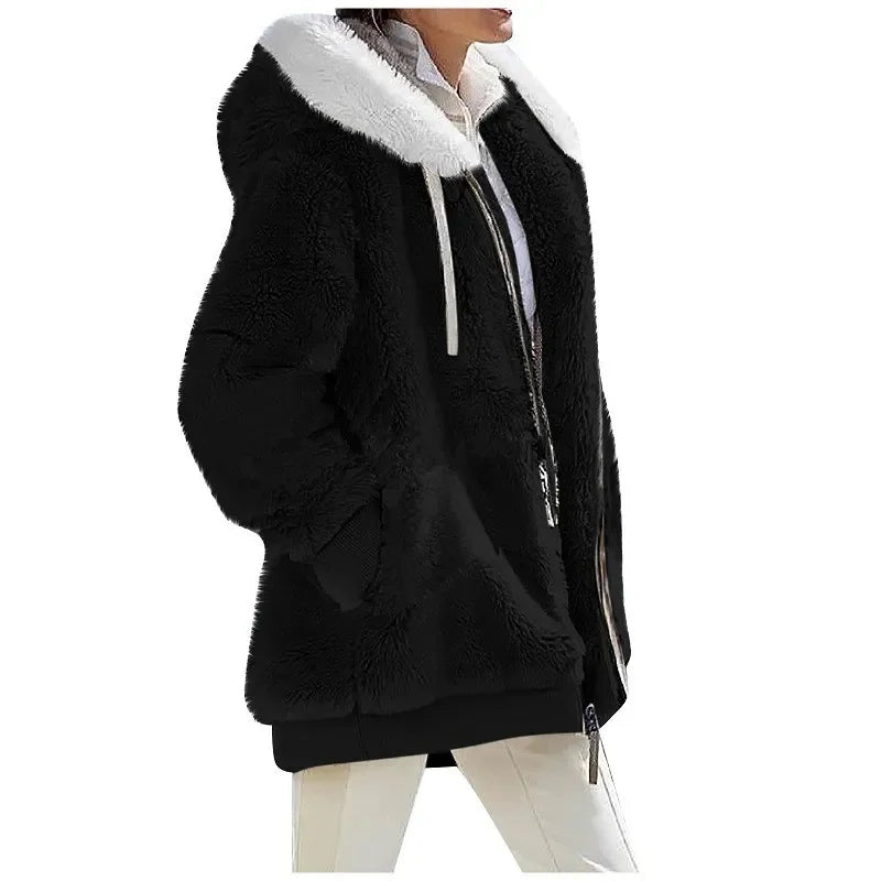 Black plush fleece hooded jacket with white contrast collar, side view