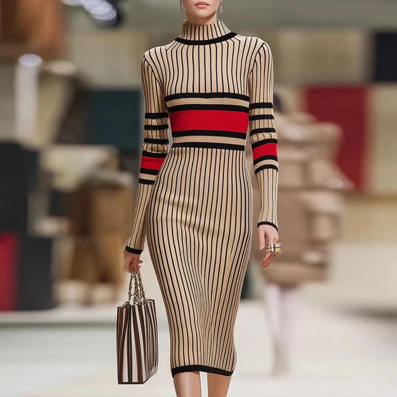 Model wearing striped ribbed knit bodycon midi dress with high neck and contrast red stripe