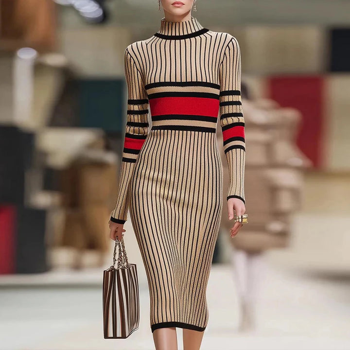 Model wearing striped ribbed knit bodycon midi dress with high neck and contrast red stripe