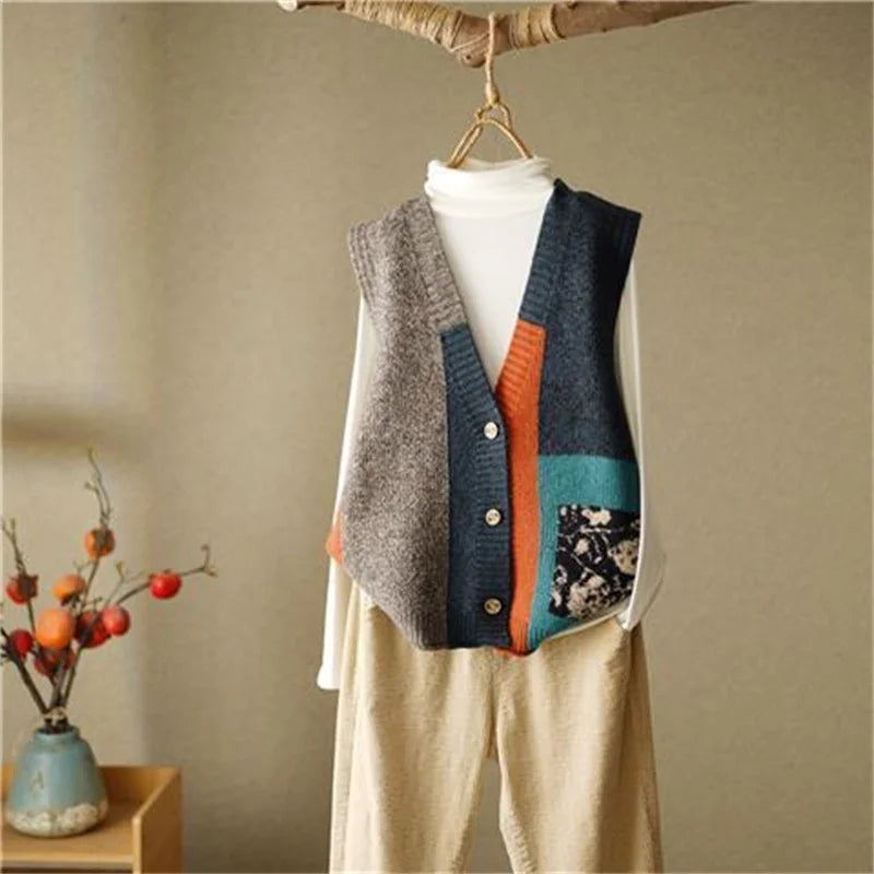 Colorblock knit sweater vest in grey and navy with floral patch pocket