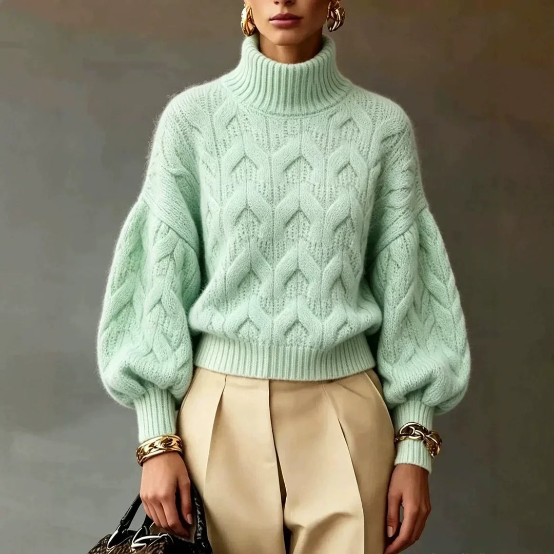 Mint green cable knit turtleneck sweater with lantern sleeves