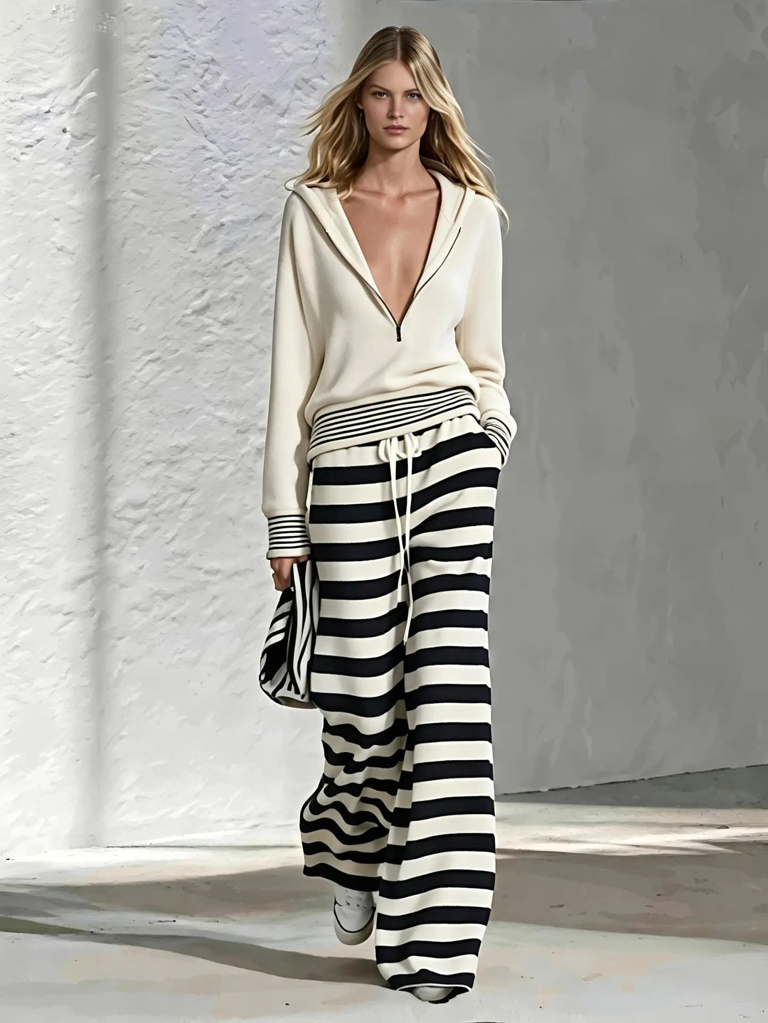 Woman wearing cream half-zip hoodie with black and white striped wide leg pants, front view