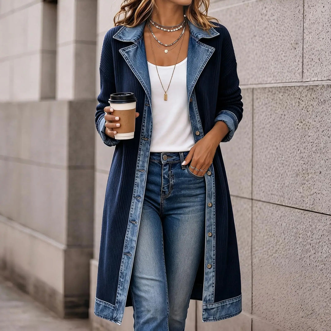 Woman wearing navy ribbed knit long cardigan coat with denim collar