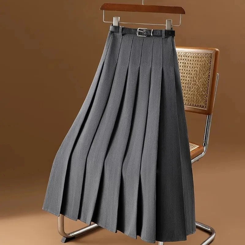 Gray pleated A-line midi skirt with belt, side view on hanger
