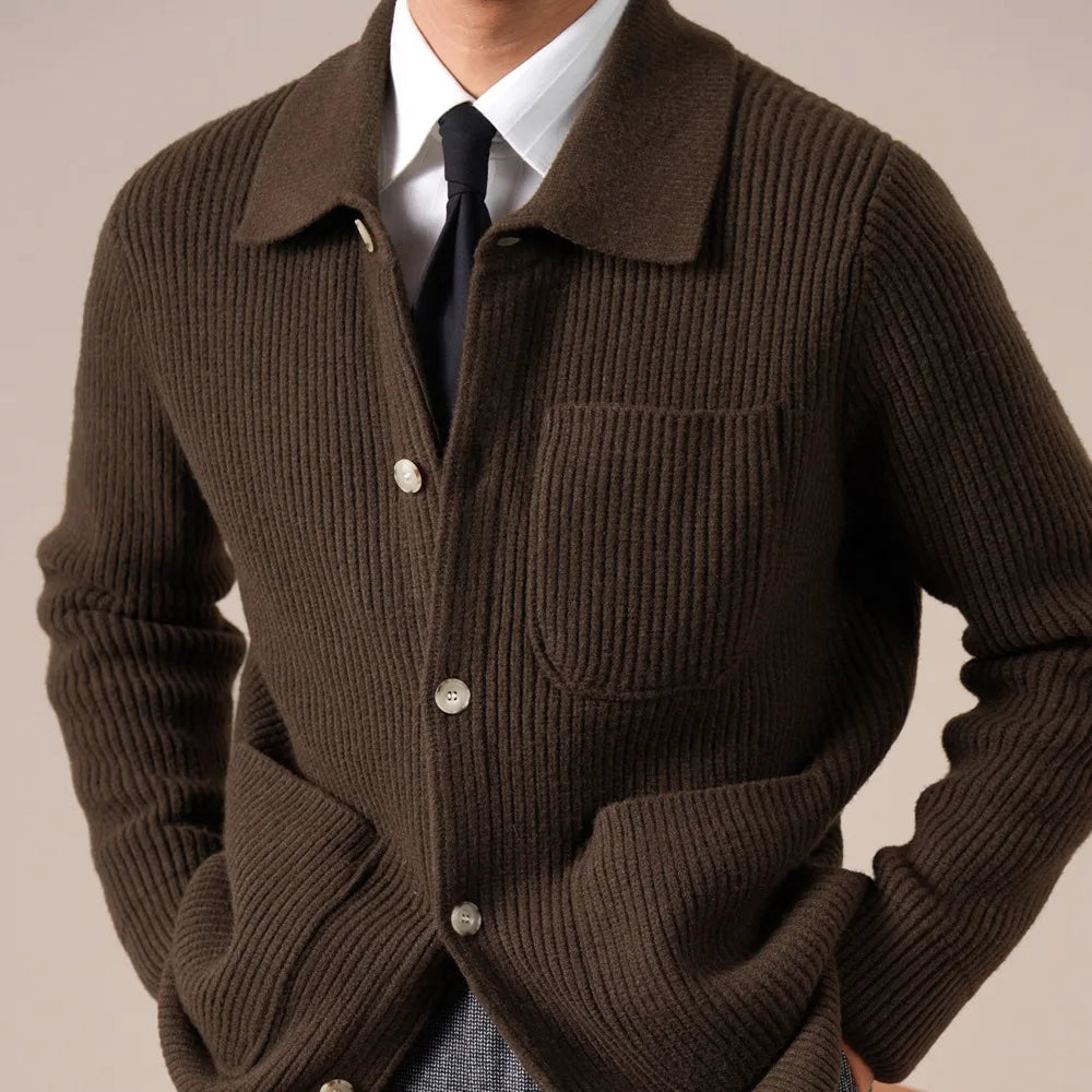 Close-up of coffee brown ribbed knit cardigan with point collar and button front