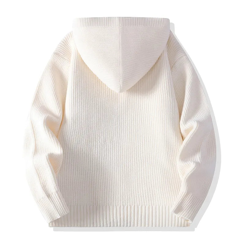 Cream hooded knit cardigan, back view
