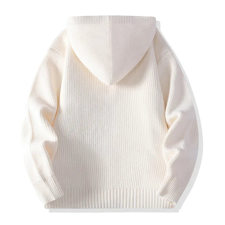 Cream hooded knit cardigan, back view